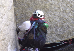 Karl climbing across some wet stuff