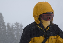 Laura bundles up in the storm