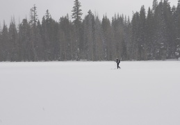 Jim skiis across an opening in the trees