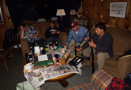 cleaning, reading and drinking on the deck